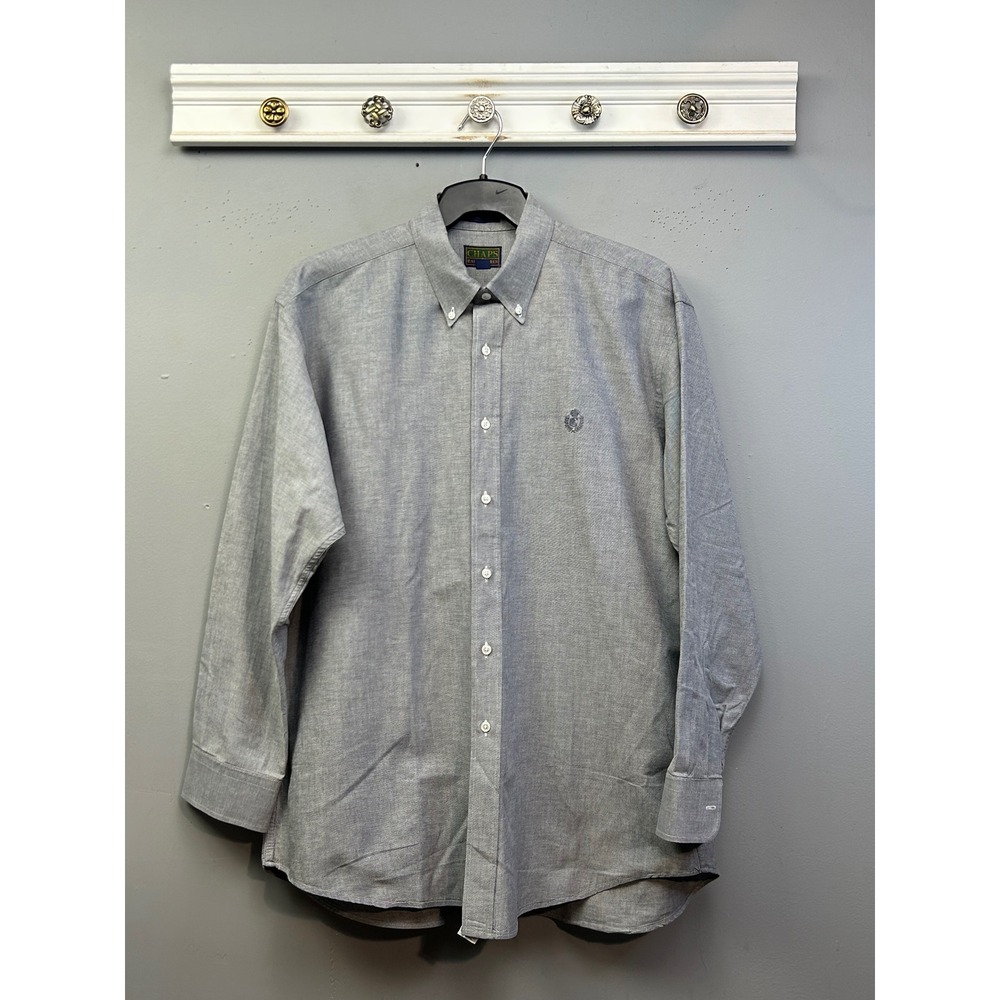 Chaps Ralph Lauren Button Down Mens 17 34/35 Gray Oxford Shirt Made in USA‎ Logo